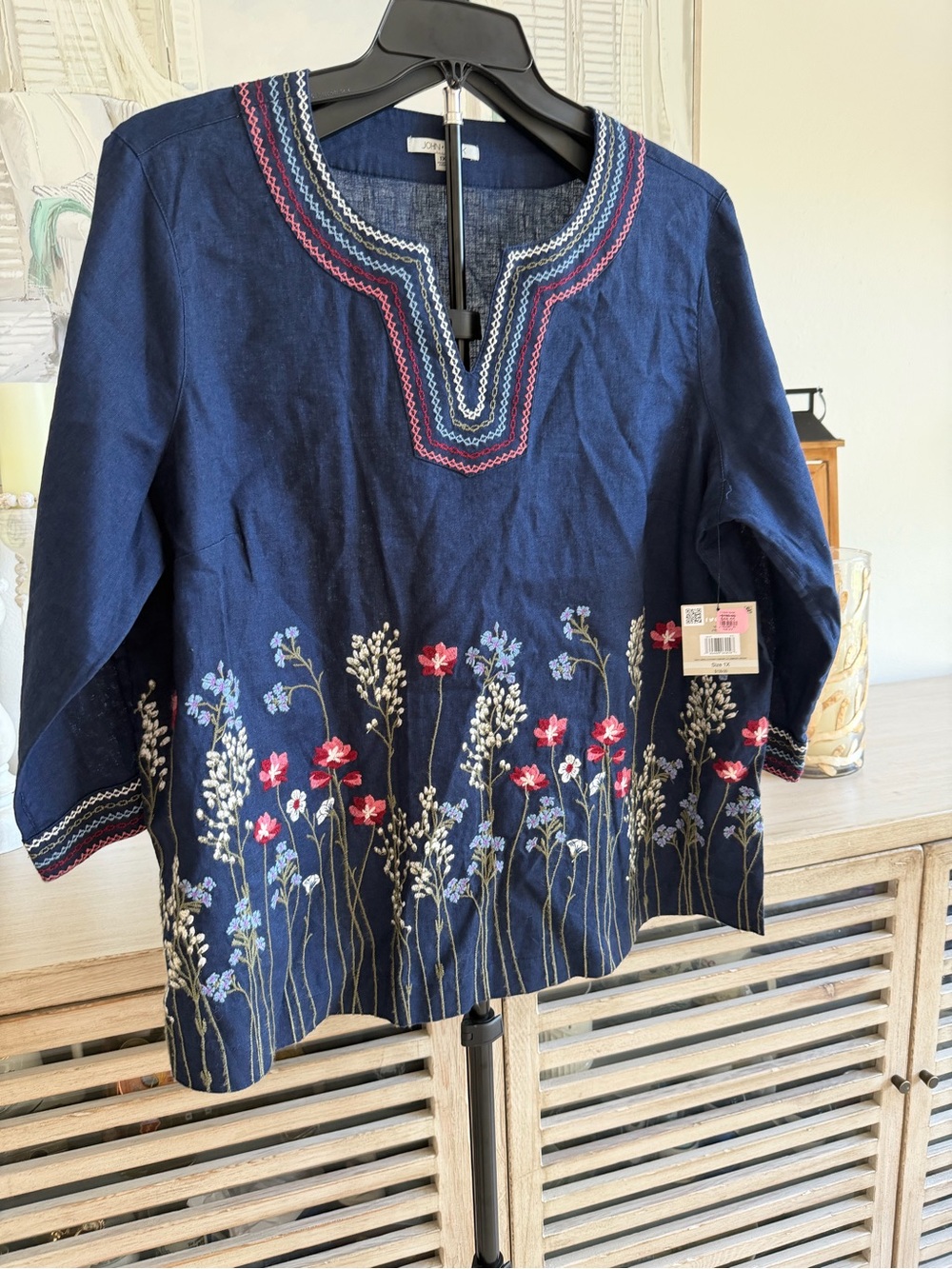 John Mark Embroidered Navy Floral Tunic Top